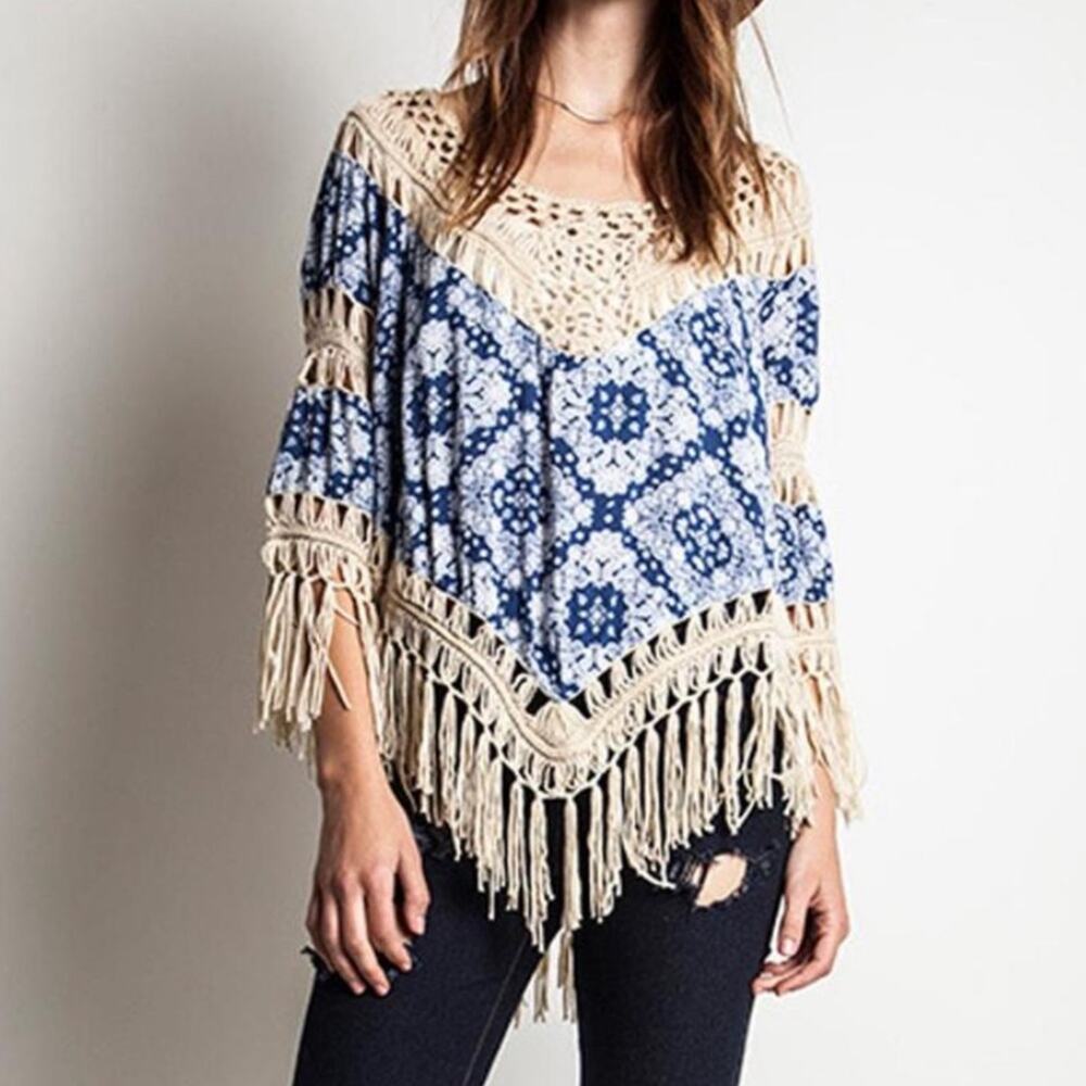 Umgee crochet fringe paisley blue top size medium boho